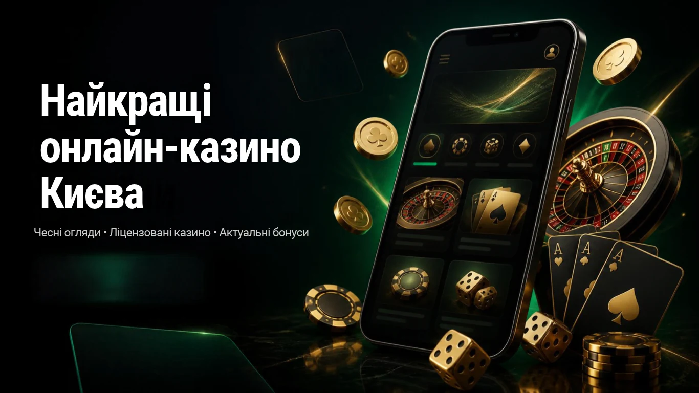 Найкращі онлайн-казино Києва. Чесні огляди · Ліцензовані казино · Актуальні бонуси. Смартфон, рулетка, карти, фішки та кубики на темно-зеленому тлі